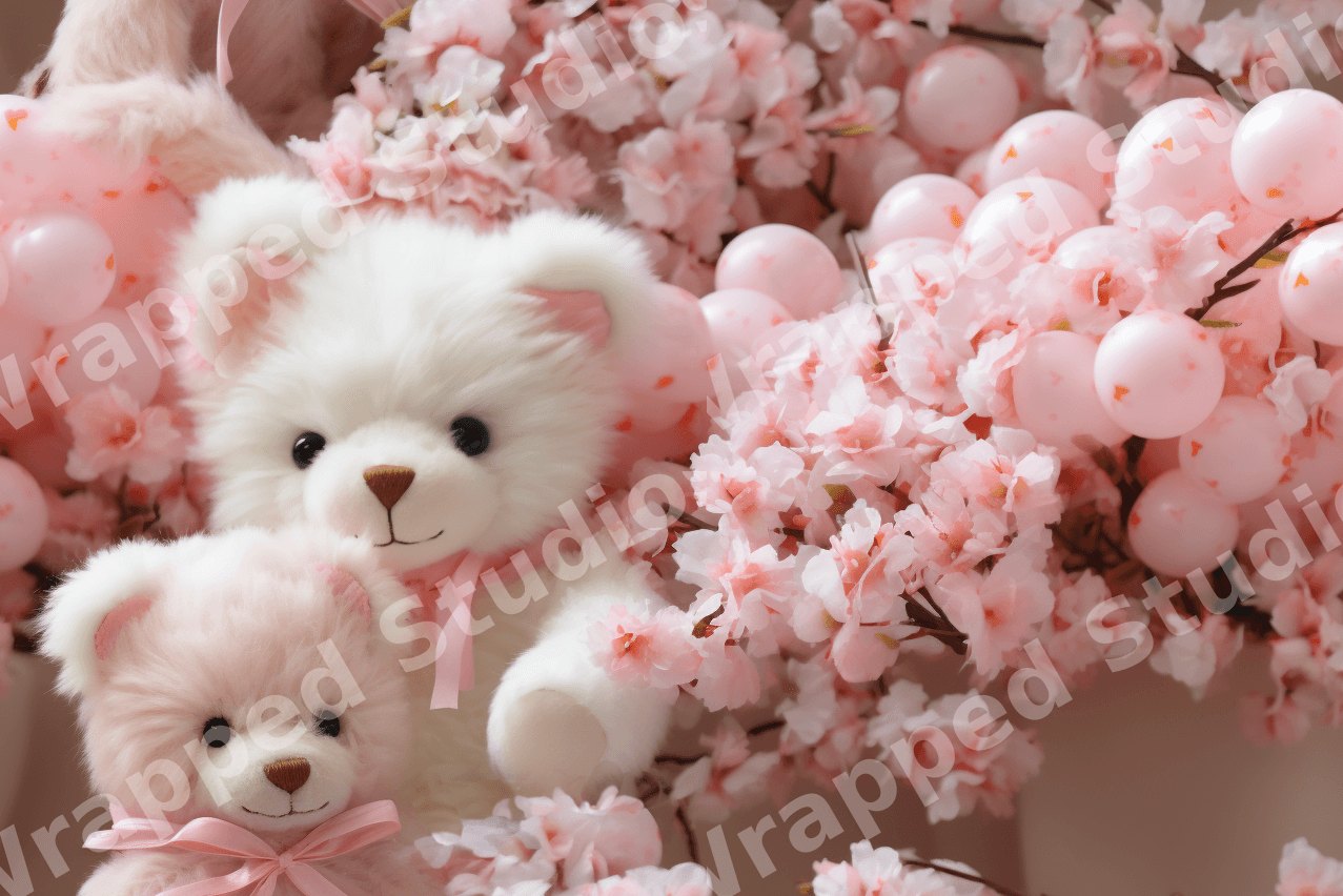 Cute teddy bear and pink cherry blossom floral pattern in a whimsical pastel style.