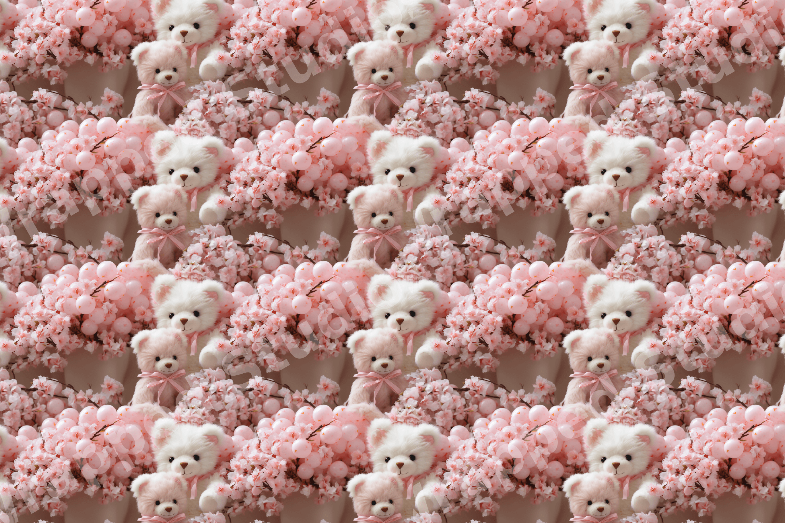 Seamless teddy bear and pink cherry blossom floral pattern in a soft pastel aesthetic.