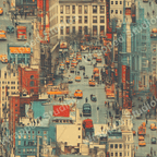 A vintage-style city street pattern with buildings, cars, and figures in muted reds, blues, yellows, and grays.