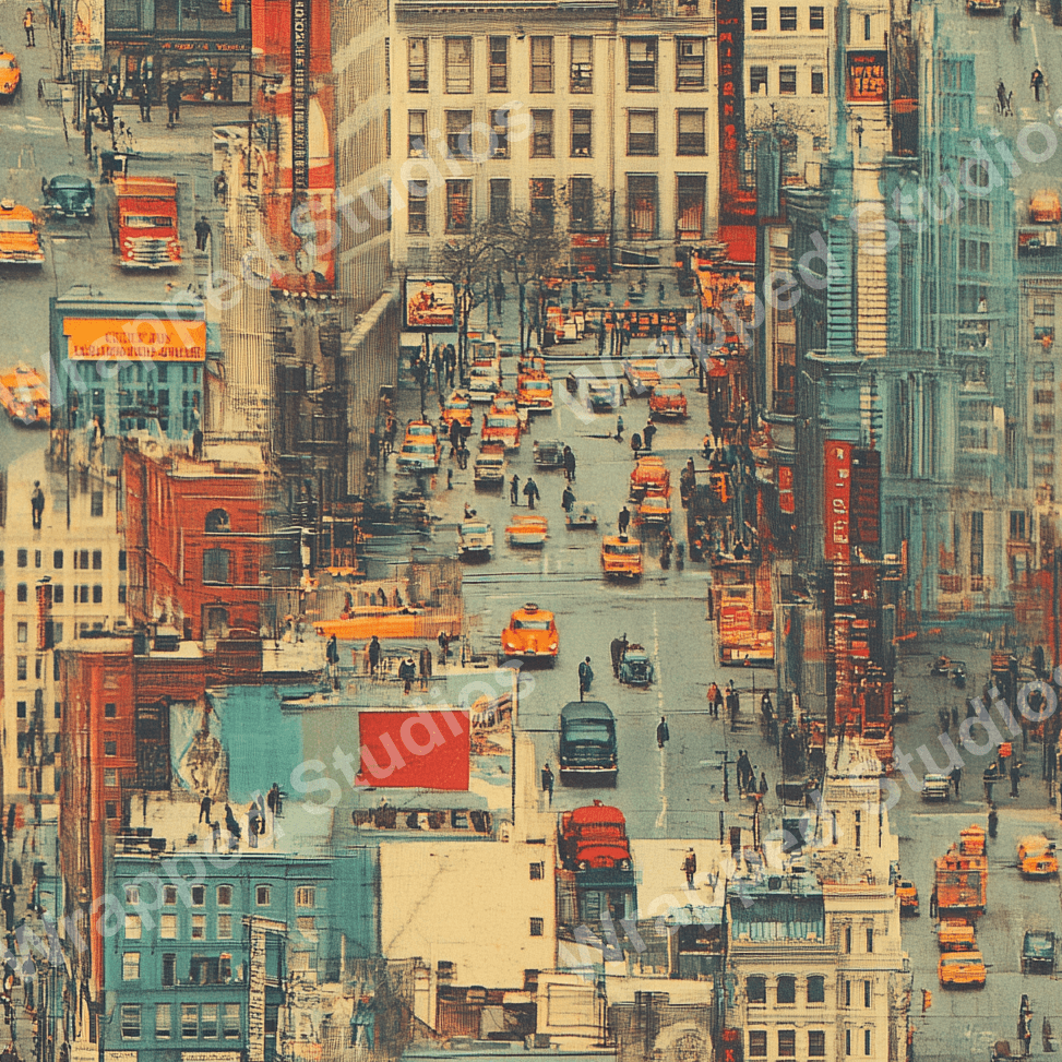 A vintage-style city street pattern with buildings, cars, and figures in muted reds, blues, yellows, and grays.