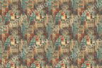 Detailed city street scene pattern featuring buildings, taxis, and people in vintage beige, blue, and red hues.