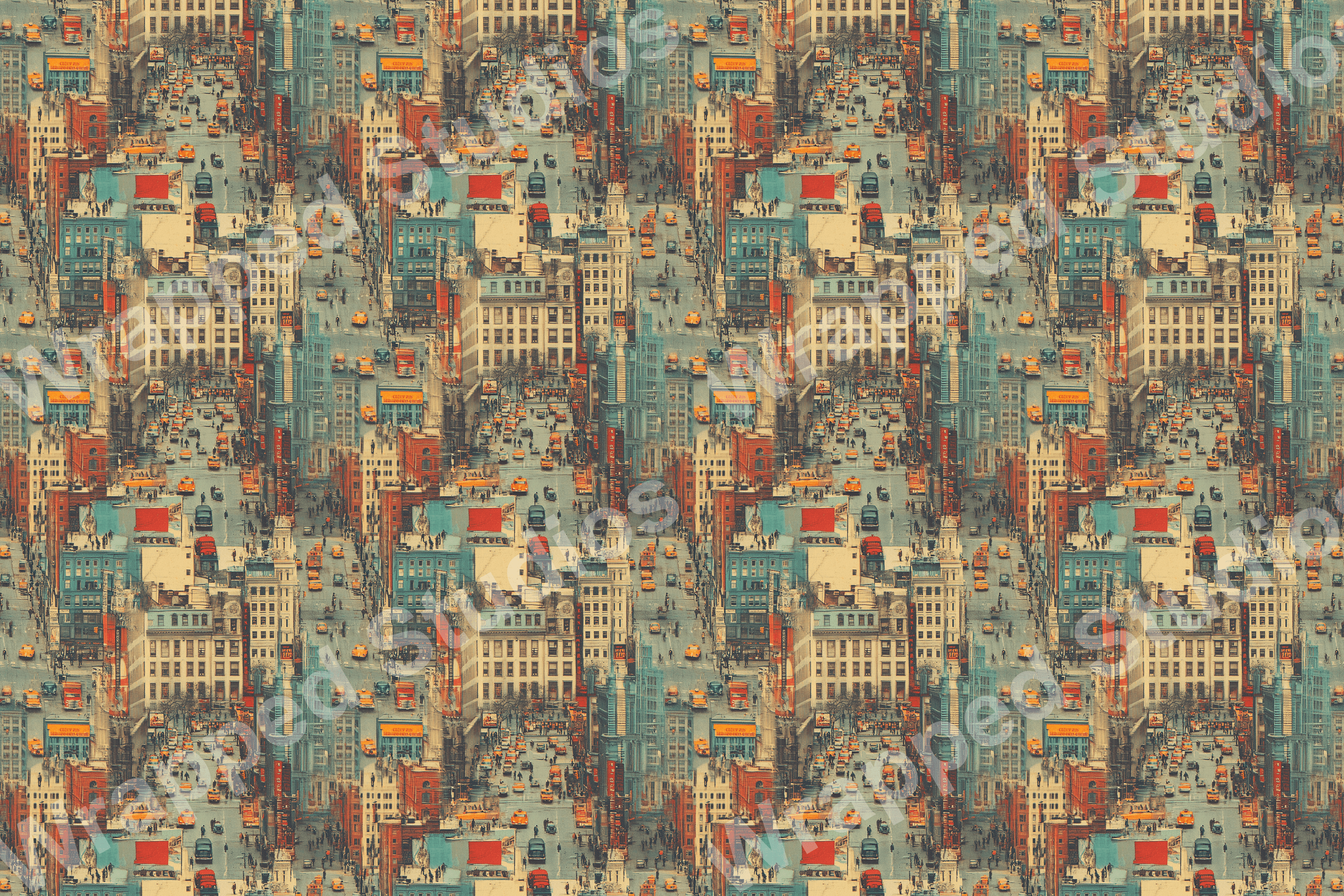 Detailed city street scene pattern featuring buildings, taxis, and people in vintage beige, blue, and red hues.