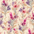 Watercolor floral pattern with pink, purple, and beige blossoms on a light background.