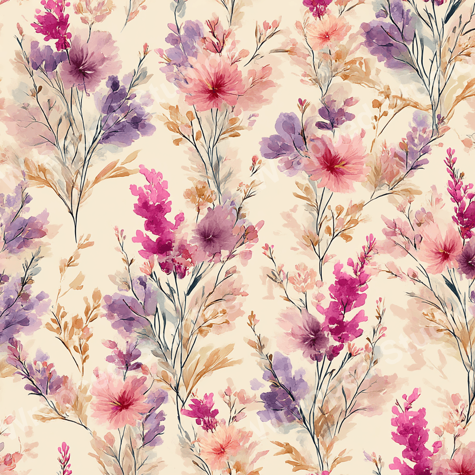 Watercolor floral pattern with pink, purple, and beige blossoms on a light background.