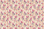 Elegant floral pattern with pink, purple, and tan watercolor flowers and foliage on cream.
