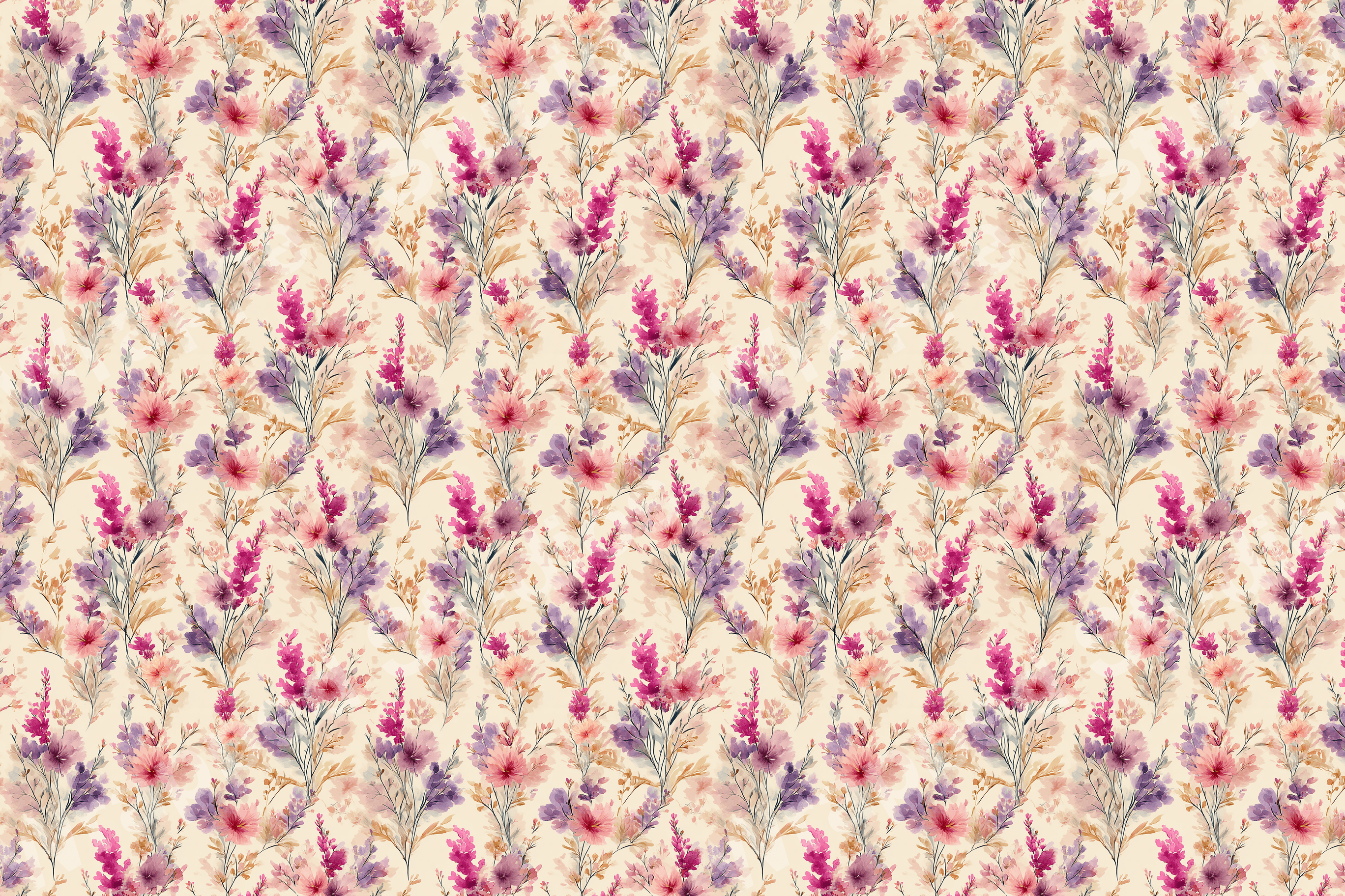 Elegant floral pattern with pink, purple, and tan watercolor flowers and foliage on cream.