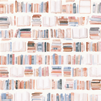 Cozy watercolor bookshelf pattern featuring soft pastel books and open pages in a whimsical literary design.