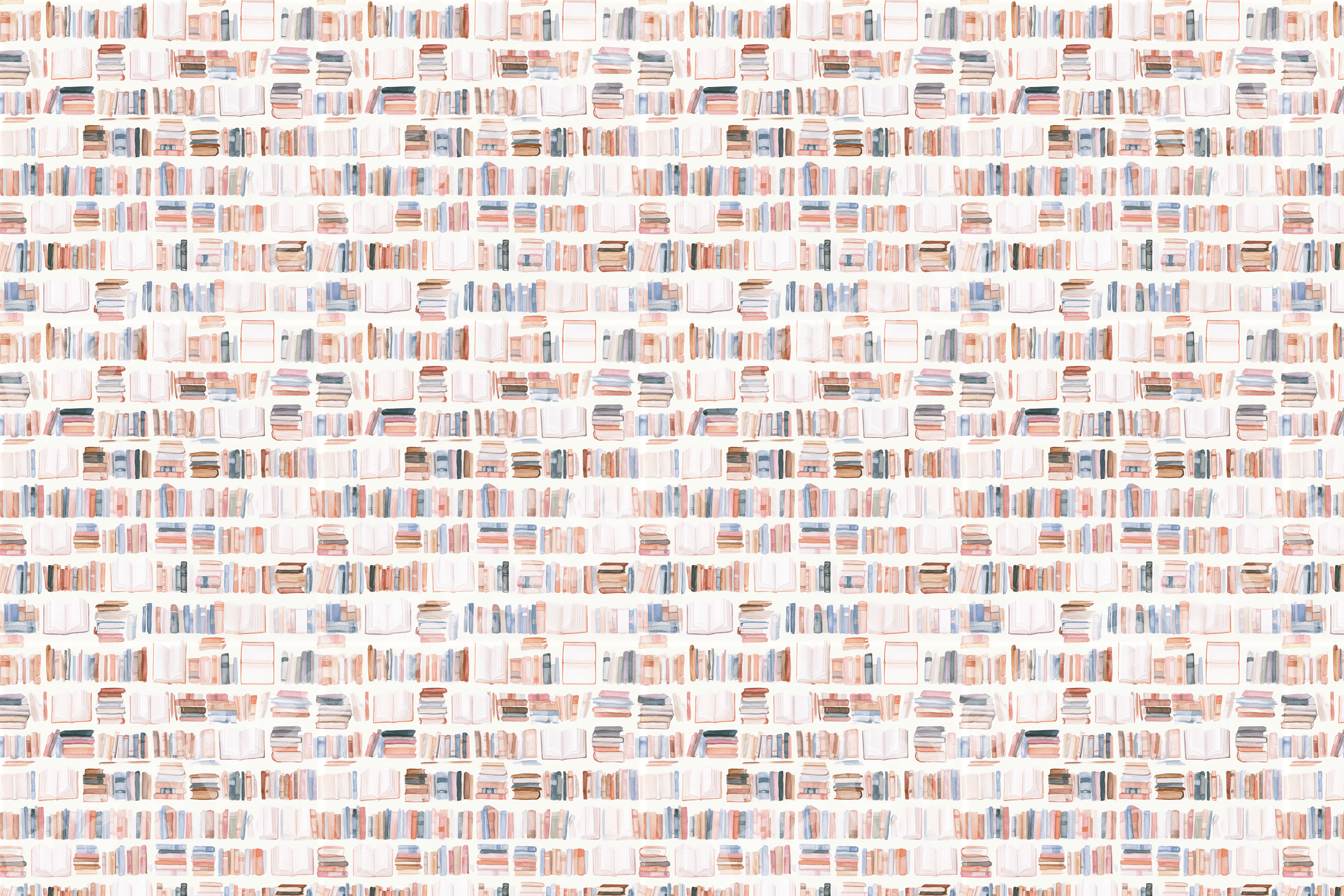 Seamless watercolor bookshelf pattern with miniature books in pastel blue, peach, and terracotta.