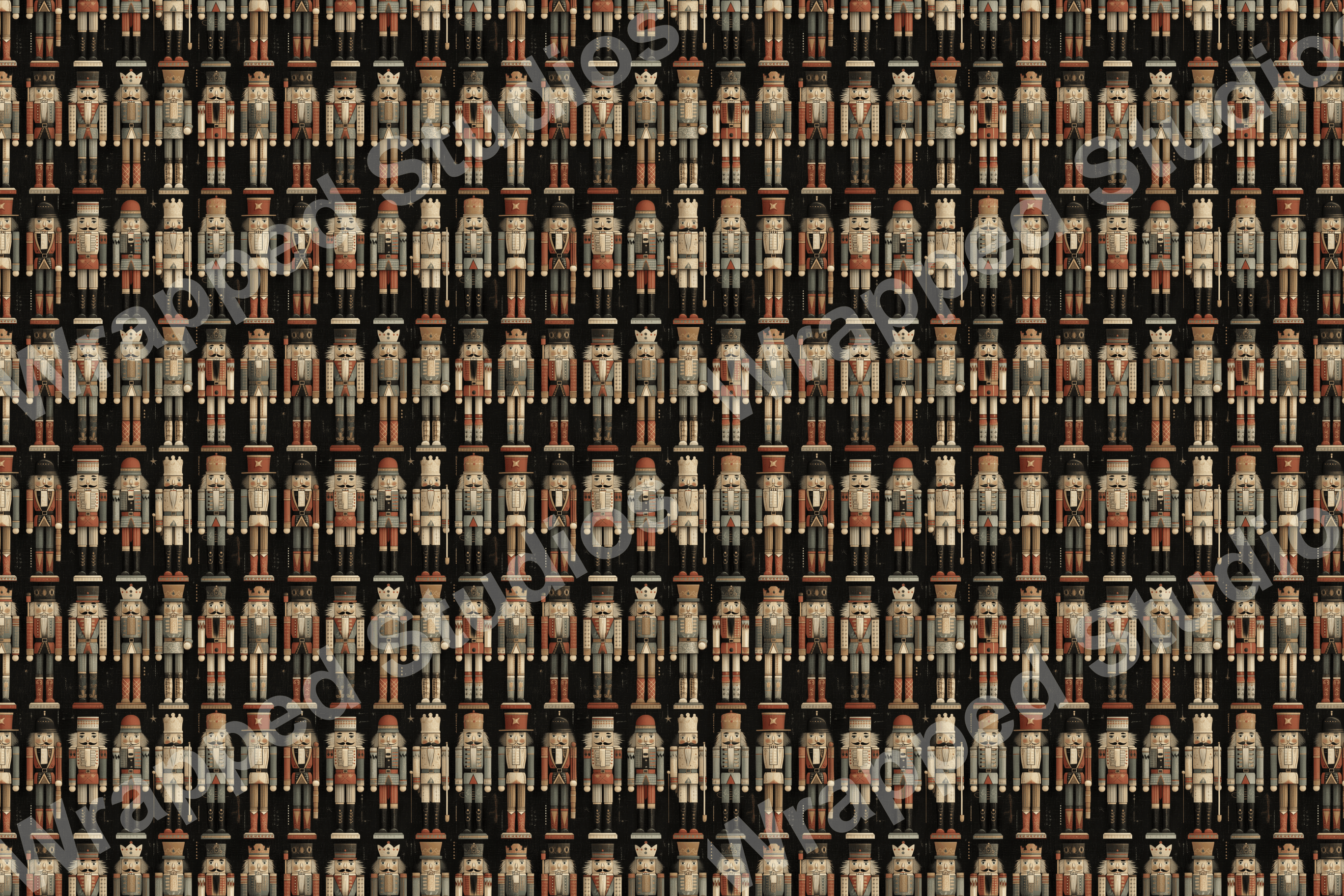 Repeating holiday pattern of antique nutcrackers in red, beige and blue-grey on a dark backdrop.