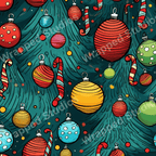 Festive Christmas pattern with tree, ornaments, and candy cane motifs in teal, red, and gold hues.