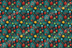 Festive Christmas pattern with ornaments, candy canes, and evergreen branches.