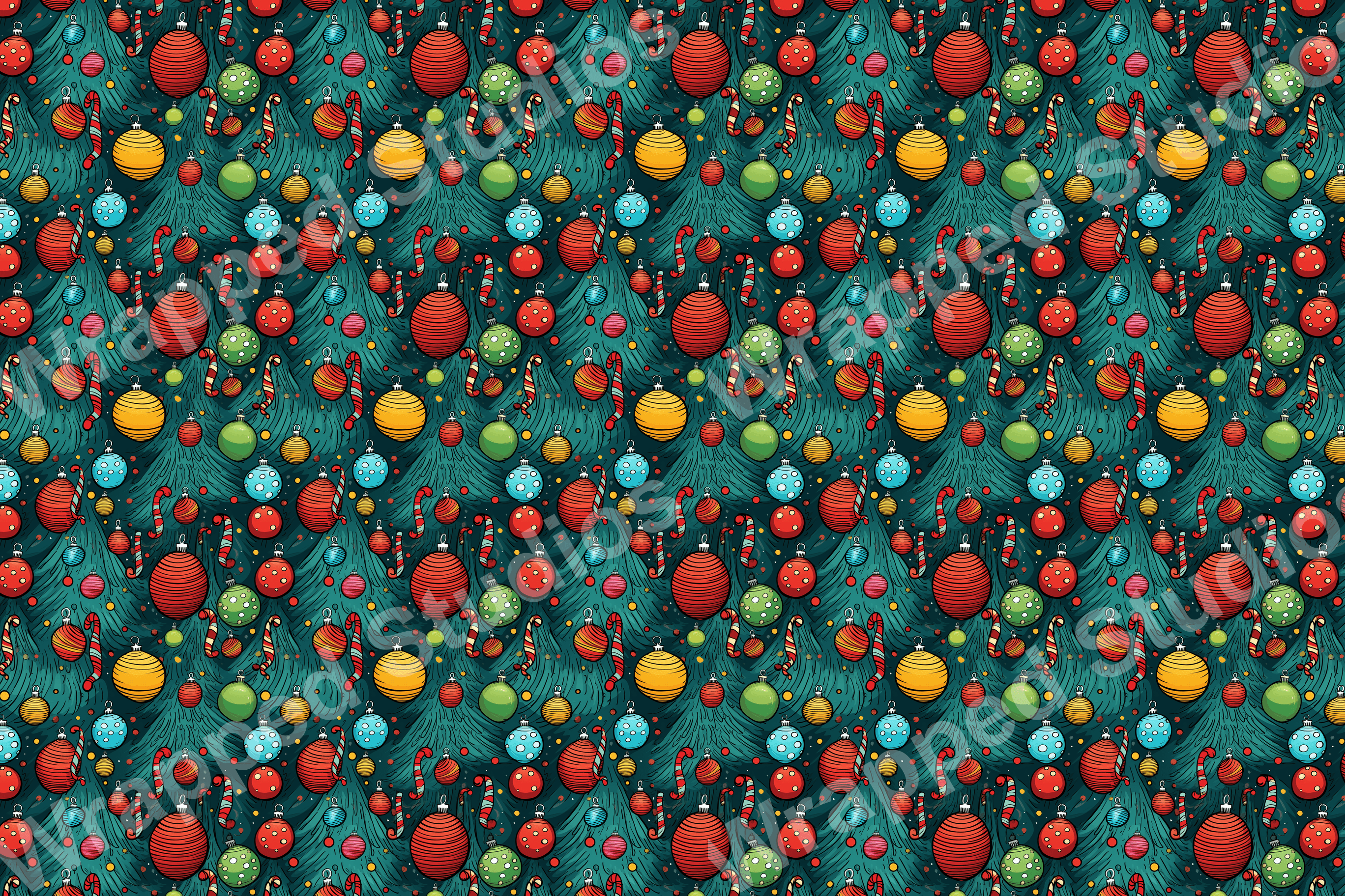 Festive Christmas pattern with ornaments, candy canes, and evergreen branches.