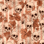 Vintage gothic skull pattern with autumn leaves and spiderwebs on cream and orange stripes.