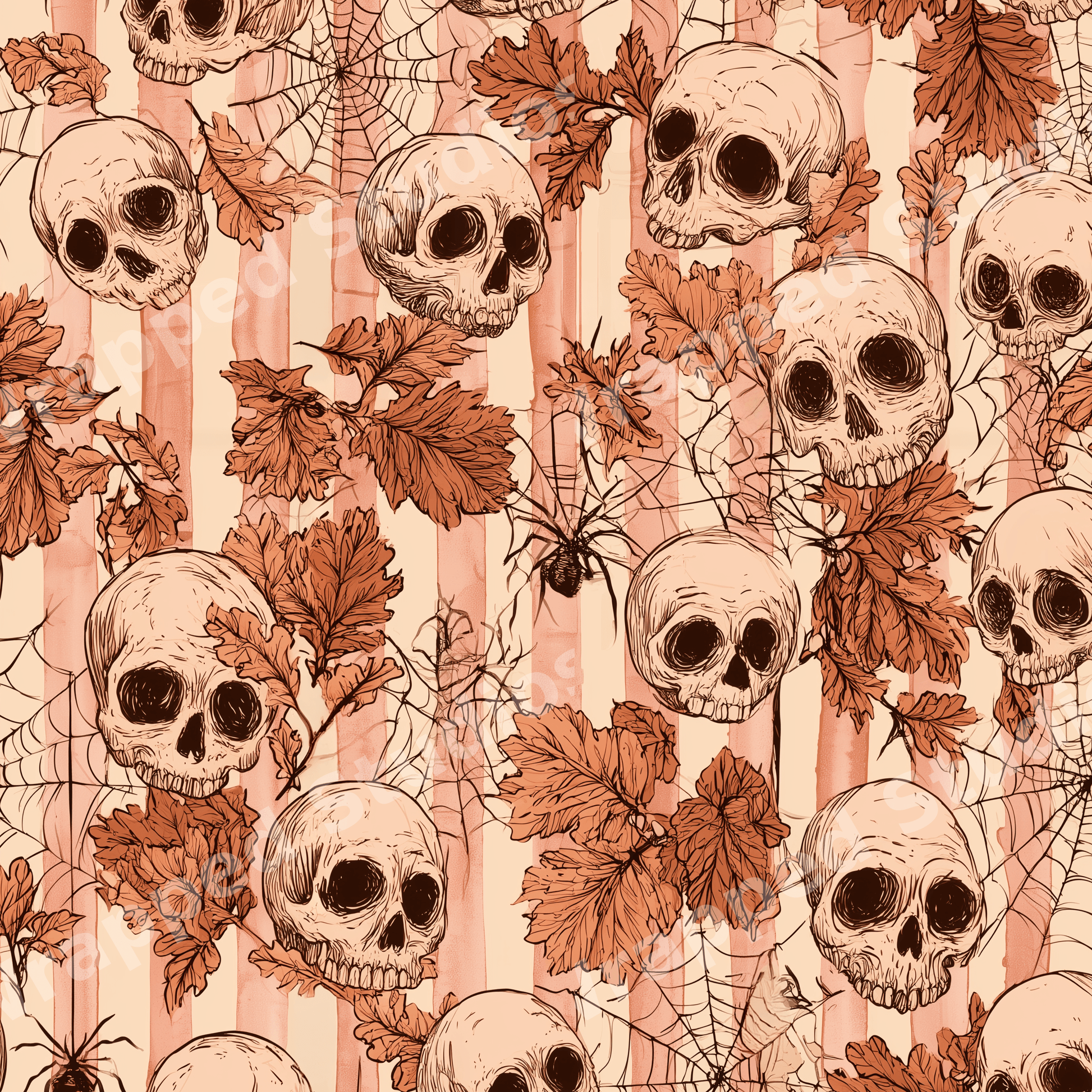 Vintage gothic skull pattern with autumn leaves and spiderwebs on cream and orange stripes.
