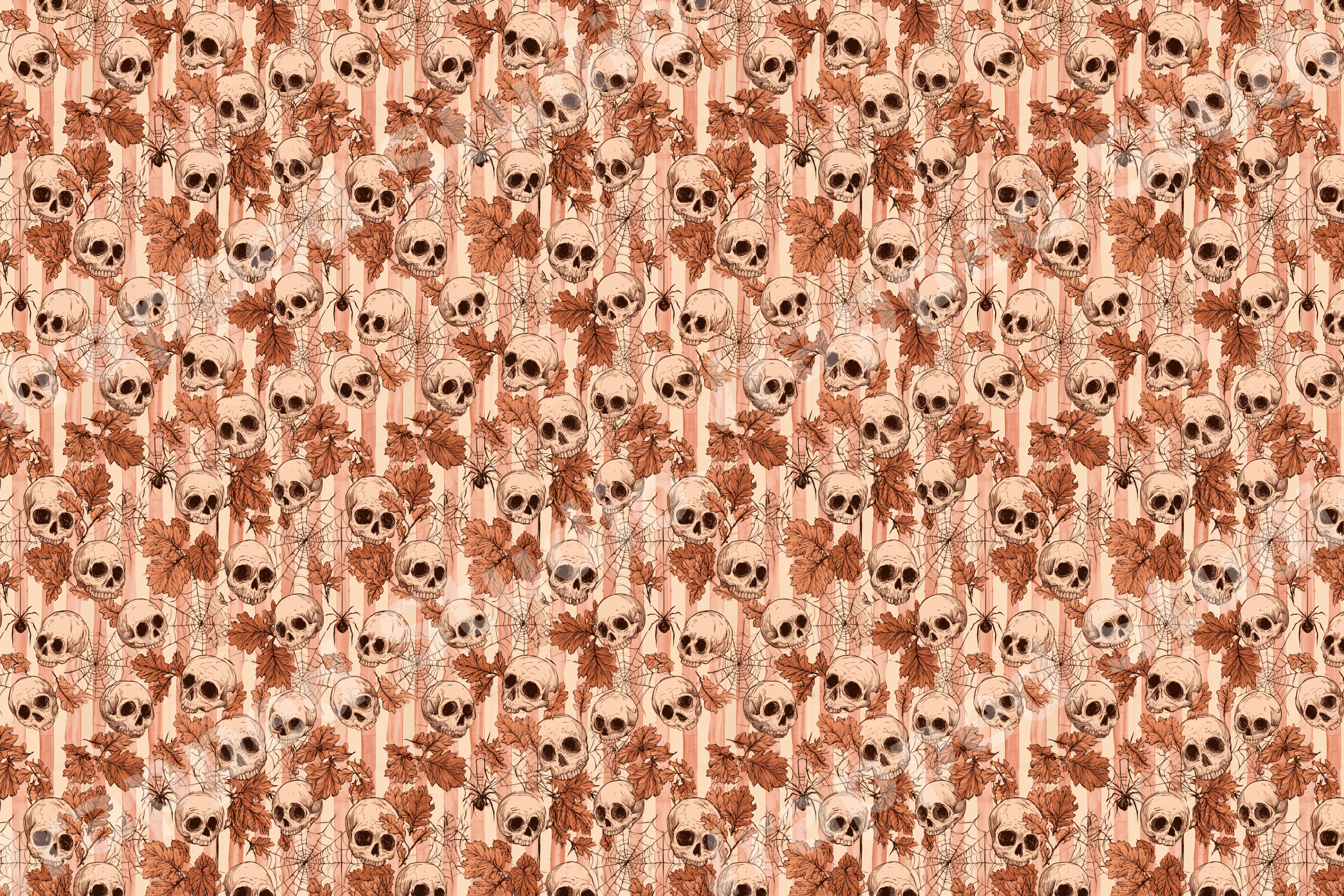 Vintage gothic skull pattern with autumn leaves and spiderwebs on a striped neutral background.