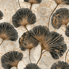 Vintage botanical ginkgo leaf pattern with metallic gold and black leaves on a textured background.