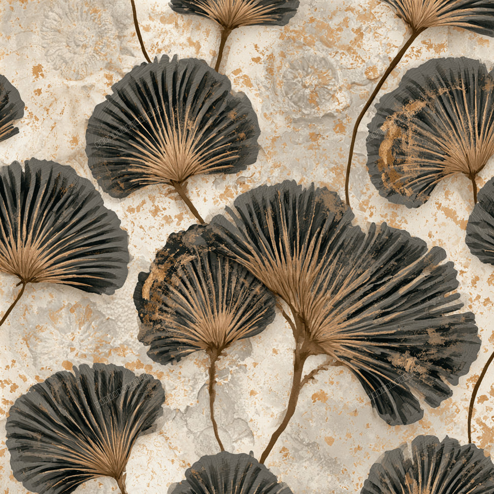 Vintage botanical ginkgo leaf pattern with metallic gold and black leaves on a textured background.