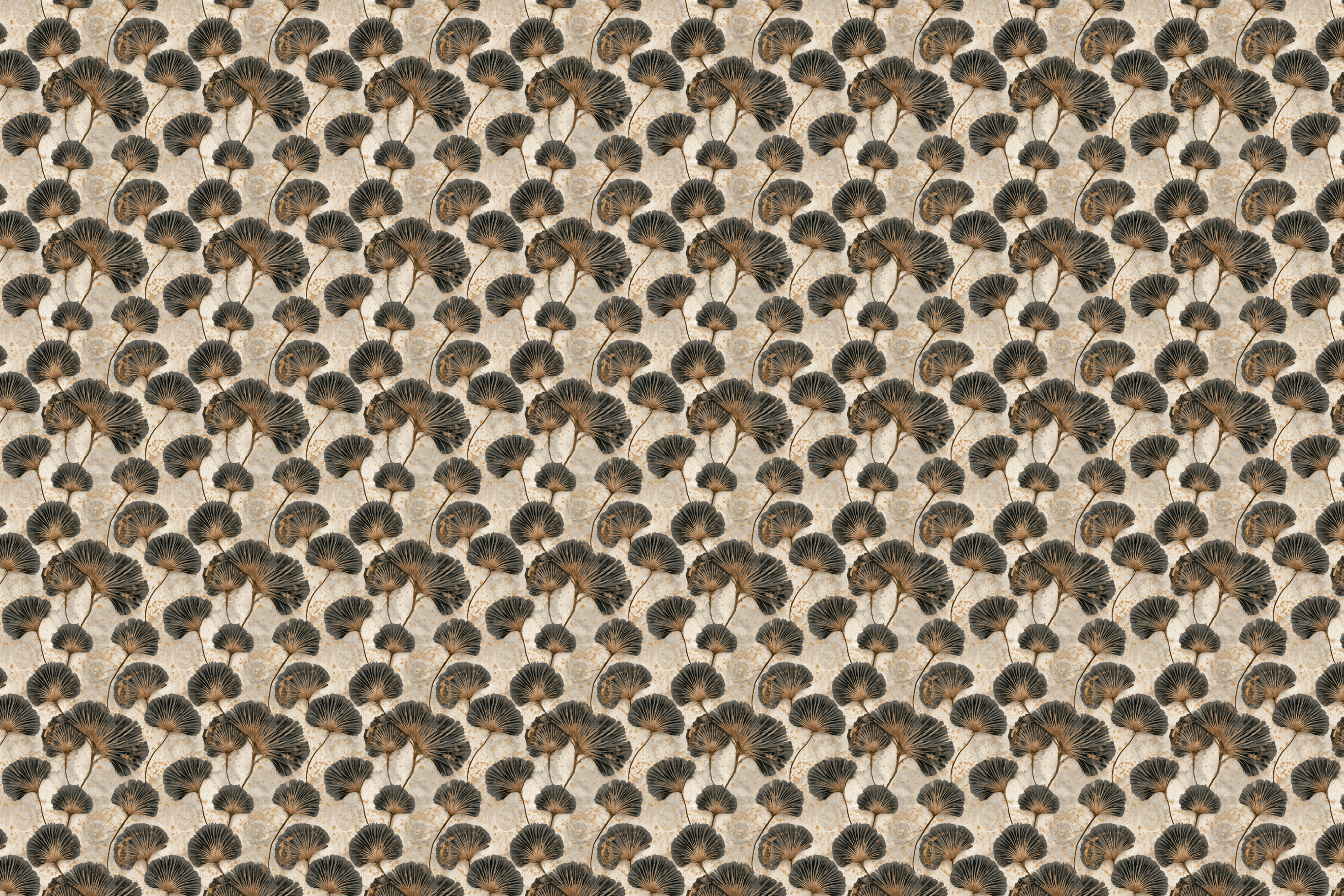 Vintage botanical design featuring black and gold ginkgo leaf patterns on a textured beige background.