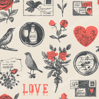 Vintage romance seamless pattern with black and white birds, red roses, and "LOVE" text on an aged paper background.