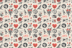 Vintage romance pattern with birds, hearts, love letters, and red roses on a light beige background.