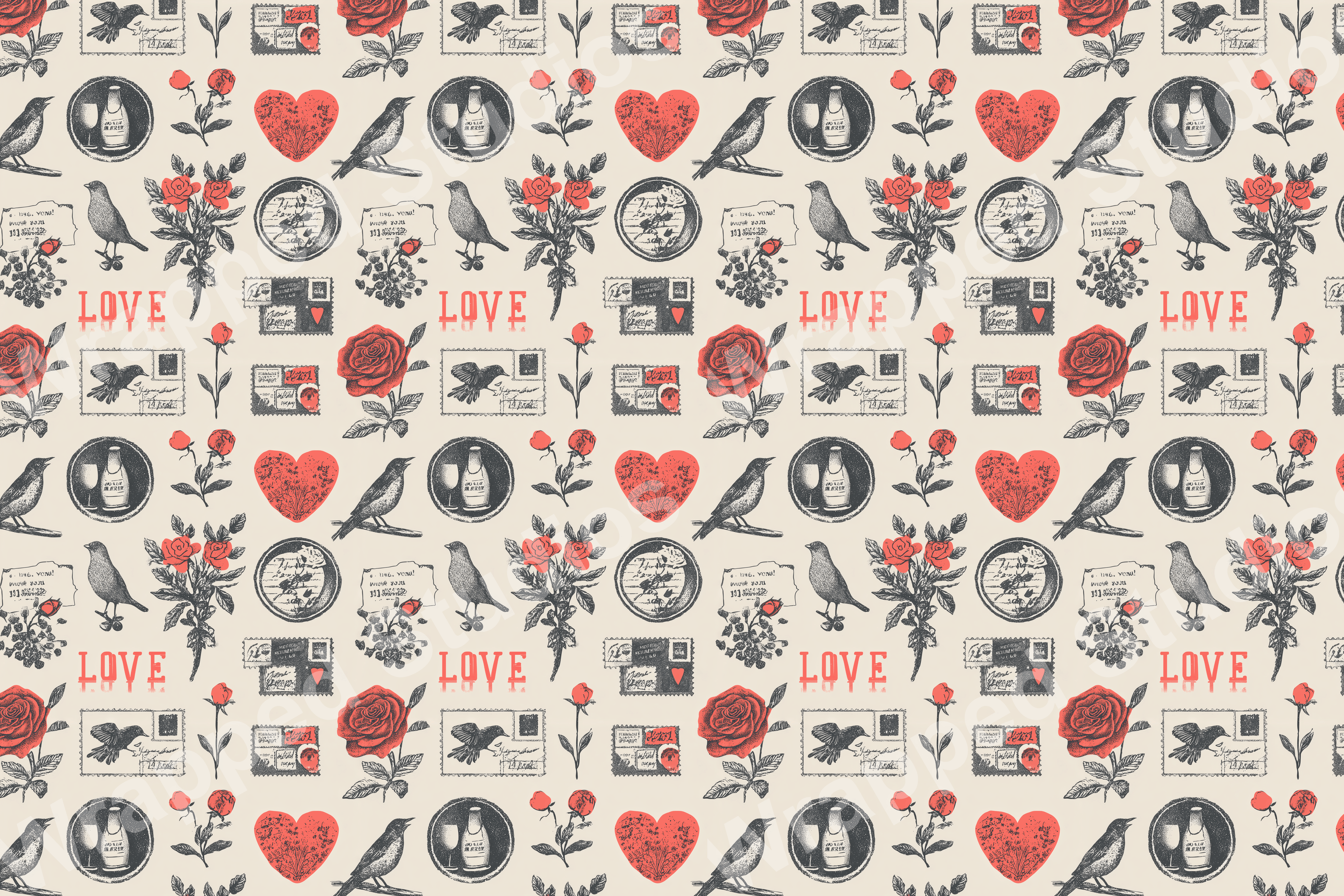 Vintage romance pattern with birds, hearts, love letters, and red roses on a light beige background.