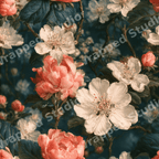 Moody vintage botanical design with painted coral peonies and white flowers on a dark teal background.