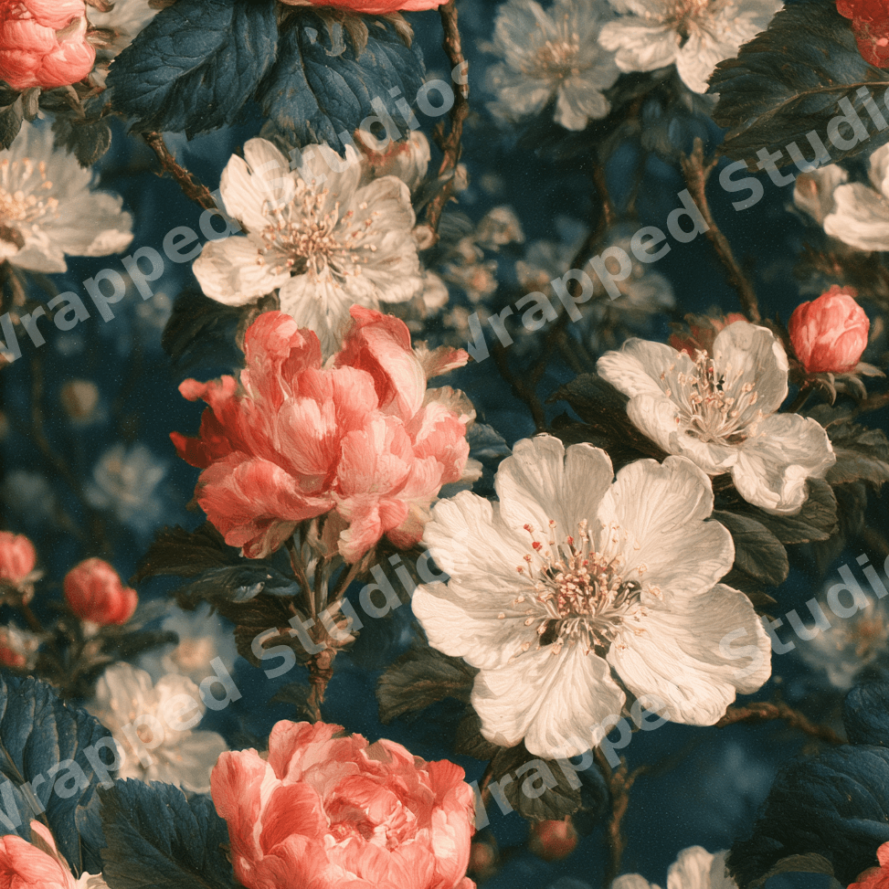 Moody vintage botanical design with painted coral peonies and white flowers on a dark teal background.