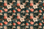 Moody vintage botanical floral pattern featuring coral pink roses and cream blossoms on dark teal leaves.