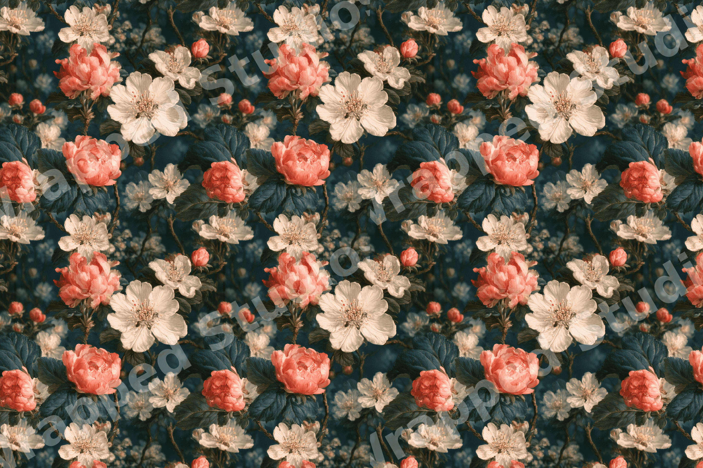 Moody vintage botanical floral pattern featuring coral pink roses and cream blossoms on dark teal leaves.