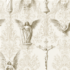 Vintage baroque damask pattern featuring sketched angels and a crucifix in elegant cream and sepia.