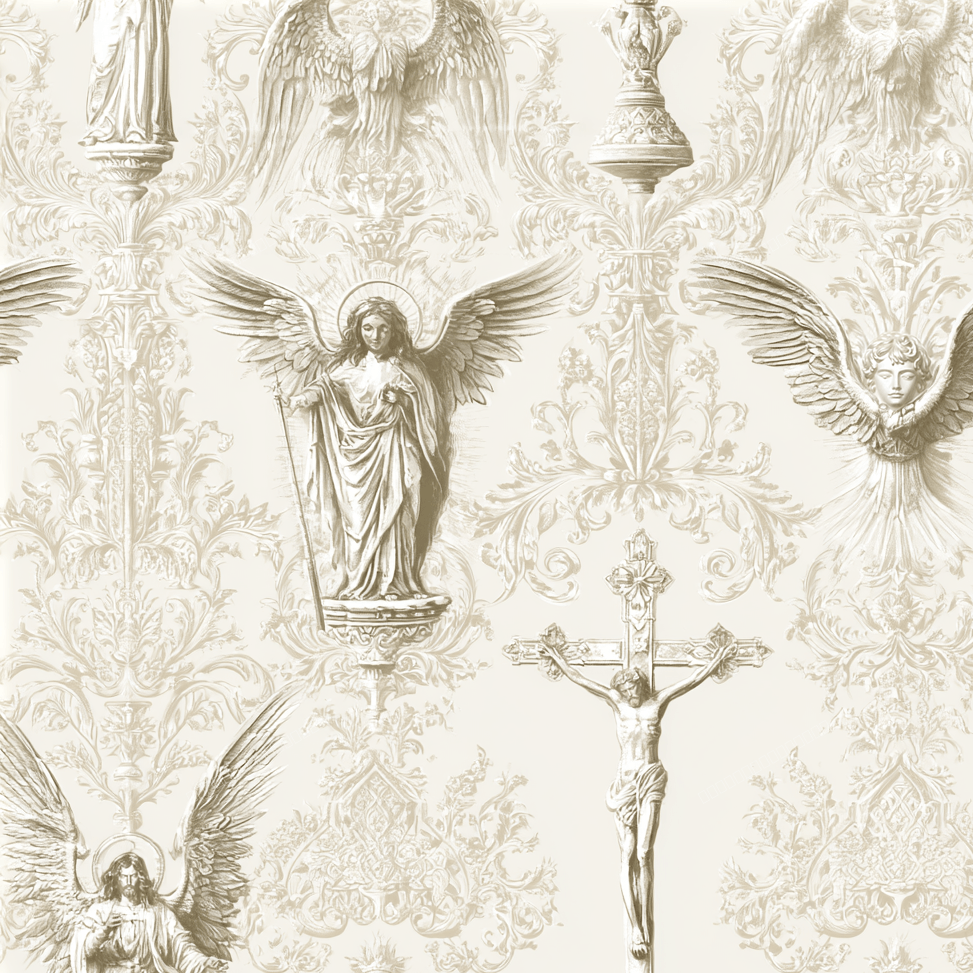 Vintage baroque damask pattern featuring sketched angels and a crucifix in elegant cream and sepia.