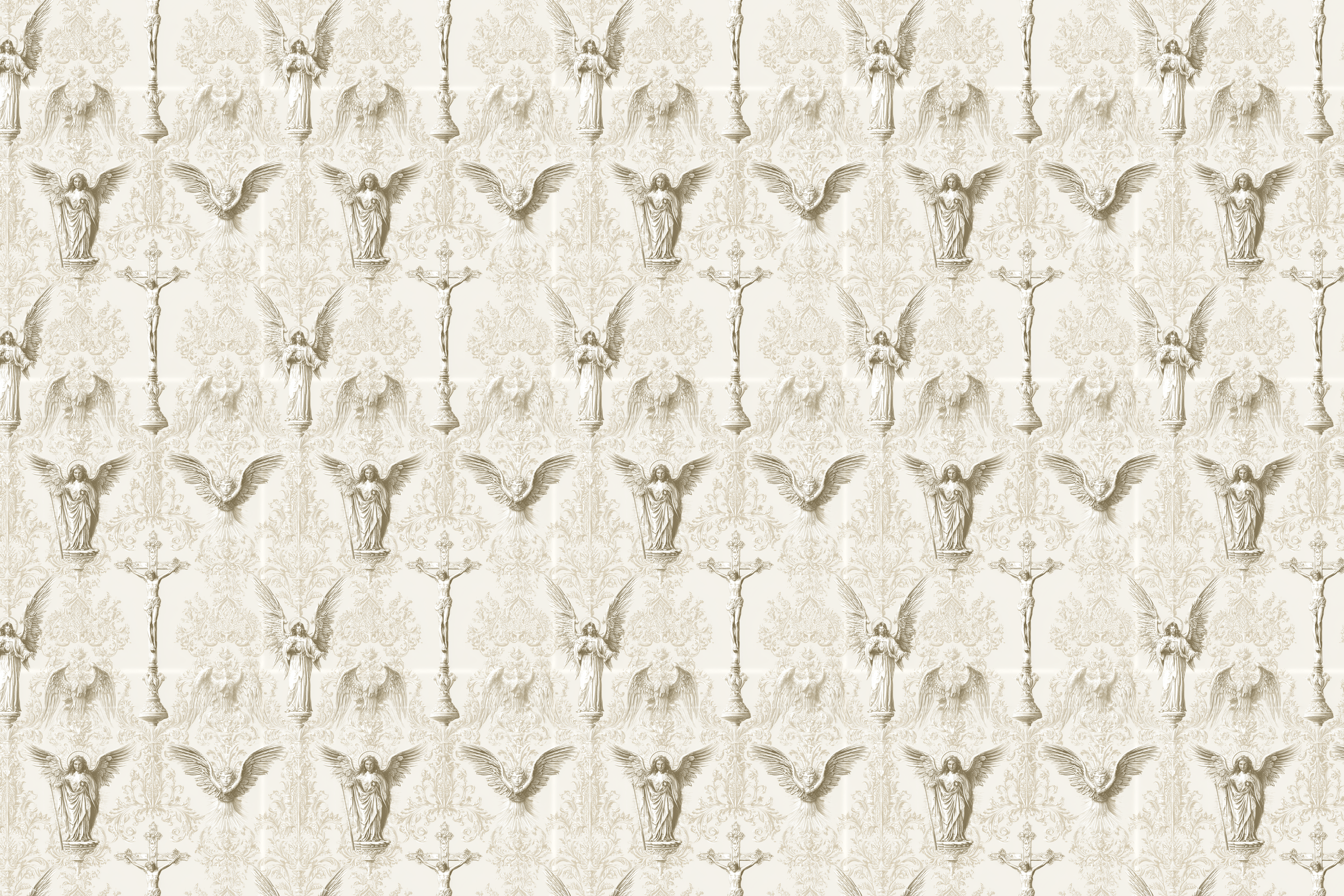 Vintage gothic pattern featuring sepia angels and crucifixes on a cream damask background.