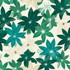 Seamless floral pattern with teal, cream, and green flower motifs on an off-white background.