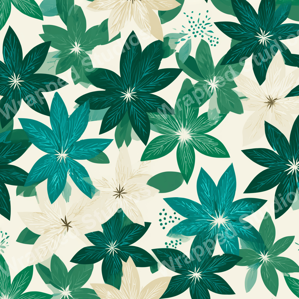 Seamless floral pattern with teal, cream, and green flower motifs on an off-white background.