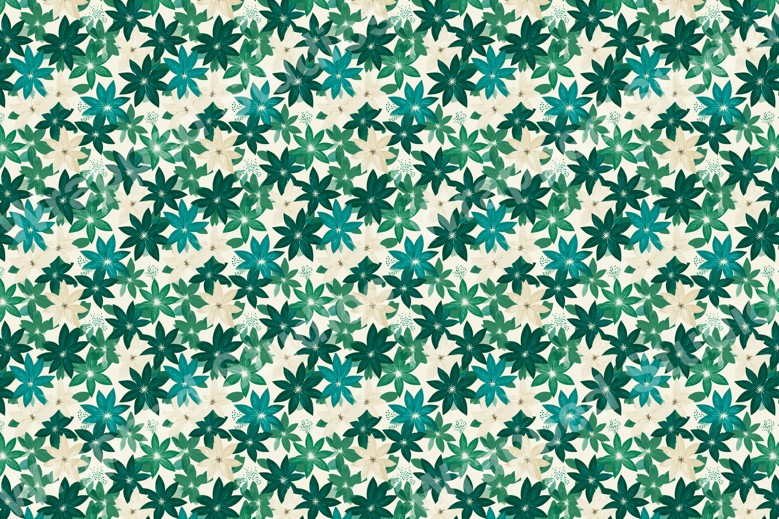 Seamless floral pattern with teal, green, and cream flowers on an ivory background.