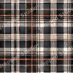 Cozy rustic tartan plaid pattern with dark navy blue, cream, and warm rust stripes.