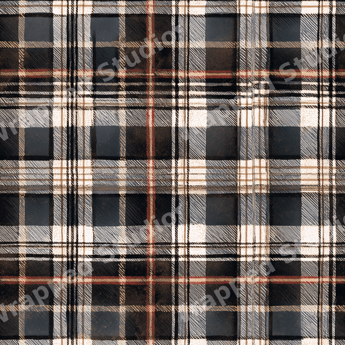 Cozy rustic tartan plaid pattern with dark navy blue, cream, and warm rust stripes.