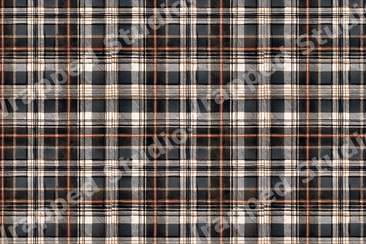Classic black and cream tartan plaid pattern with rustic orange accents in a cozy, timeless design.
