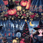 Whimsical witch and gothic Christmas pattern featuring jack-o'-lanterns, a spooky castle, and black cat.