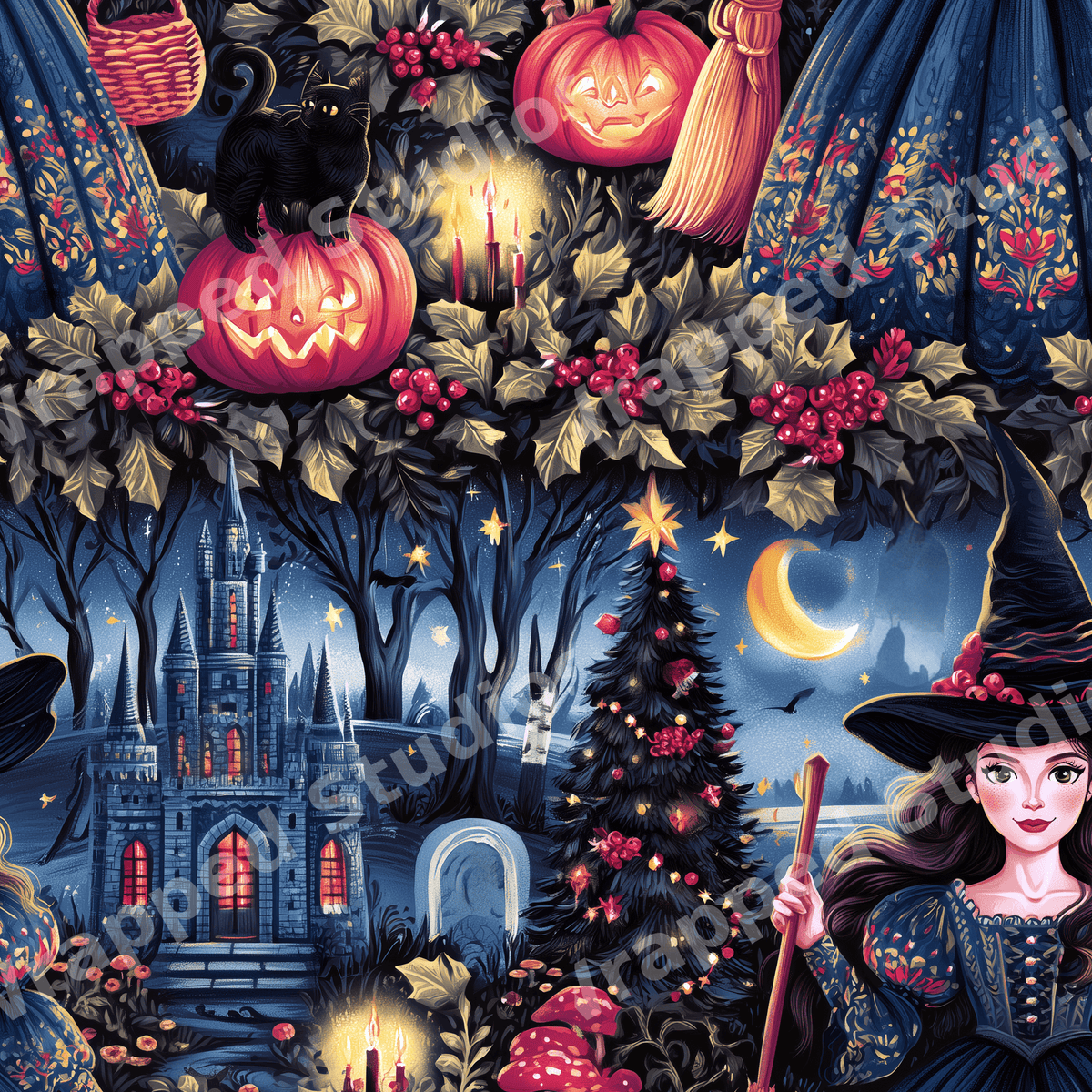 Whimsical witch and gothic Christmas pattern featuring jack-o'-lanterns, a spooky castle, and black cat.