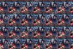 Whimsical gothic Halloween pattern with a witch, glowing jack-o'-lanterns, and a spooky castle in dark navy blue.
