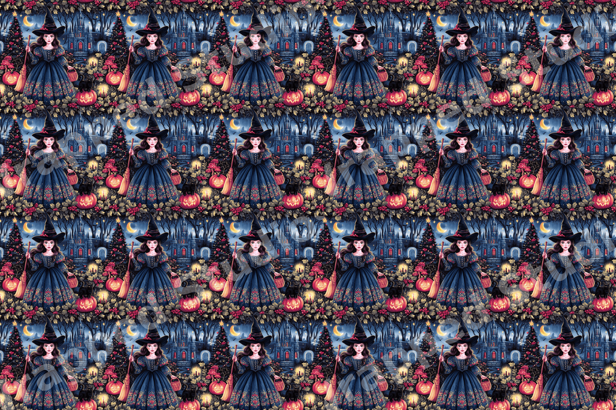 Whimsical gothic Halloween pattern with a witch, glowing jack-o'-lanterns, and a spooky castle in dark navy blue.