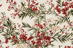 Elegant floral pattern with red berries, ivory flowers, and green leaves.
