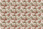 Elegant floral pattern with red berries, green foliage, and small cream flowers on an ivory background.