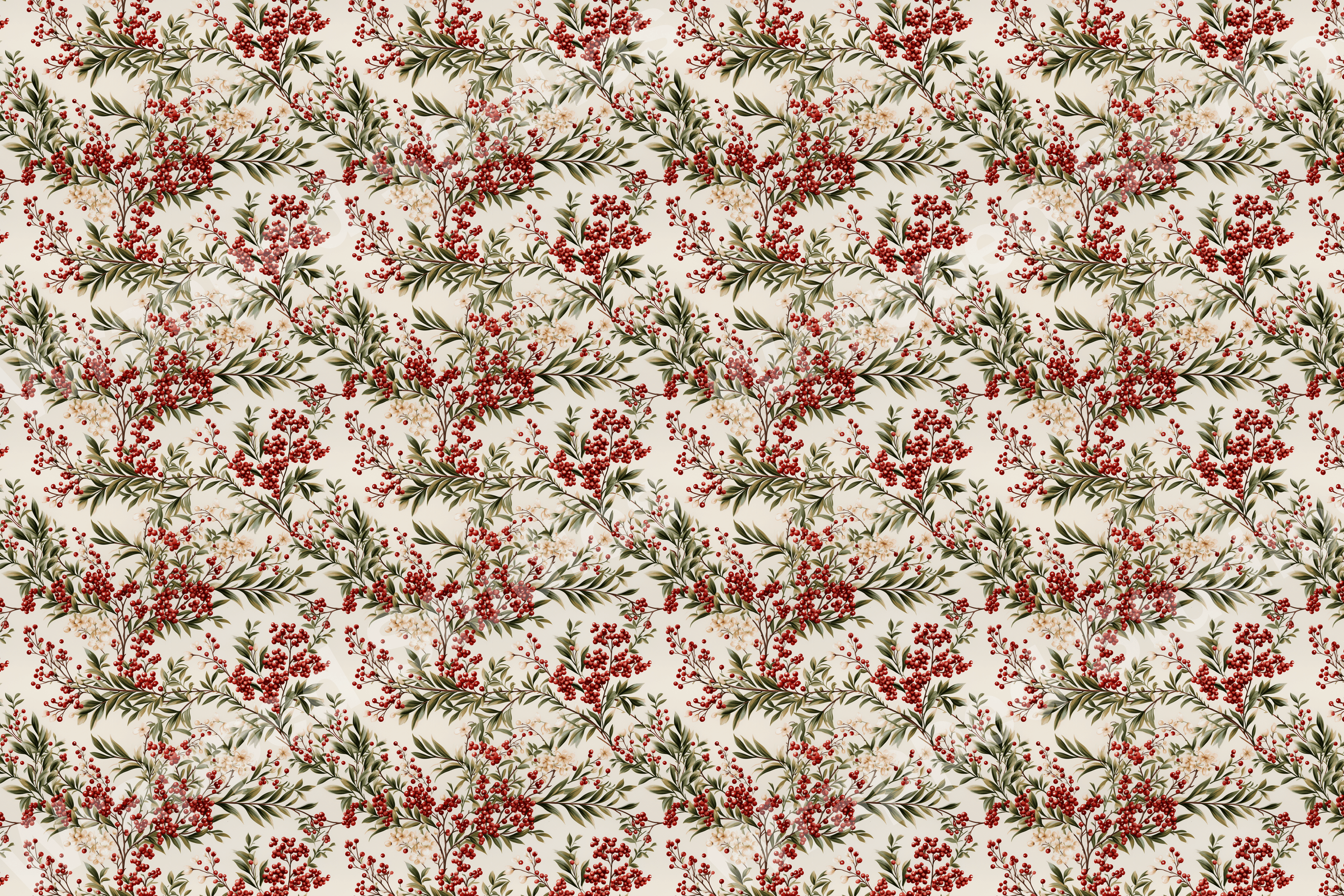 Elegant floral pattern with red berries, green foliage, and small cream flowers on an ivory background.