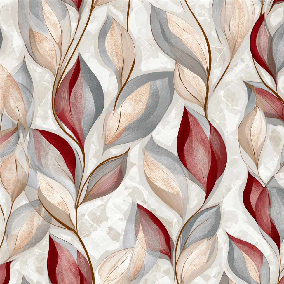 Elegant botanical pattern with red, gray, and gold stylized leaves on a seamless marble background.