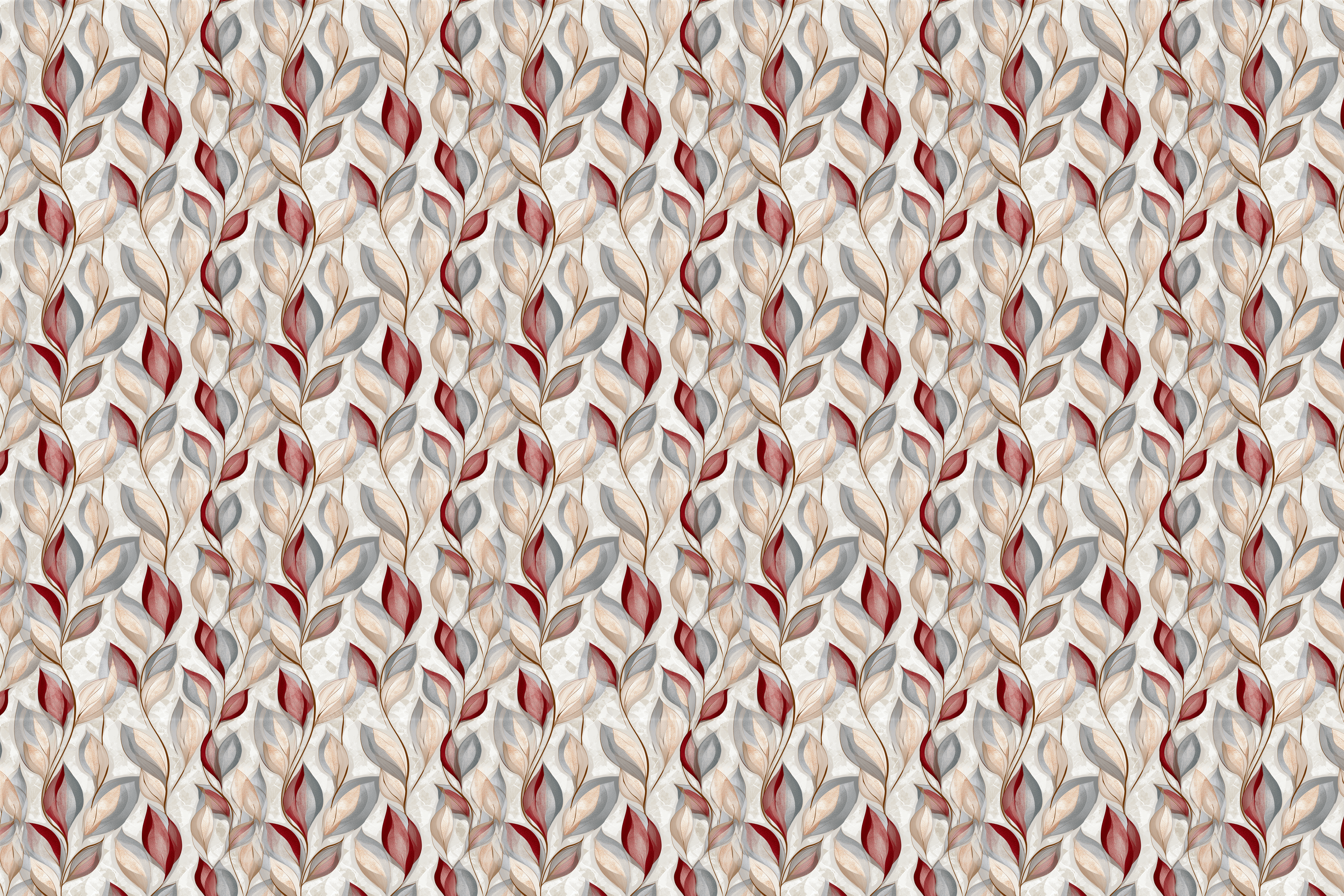 Elegant vintage botanical pattern with climbing red, grey, and beige watercolor leaves.