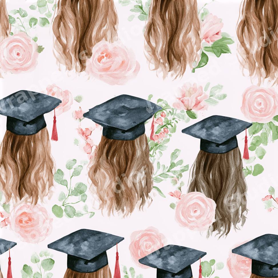 Watercolor graduation pattern featuring black mortarboards, long brown hair, pink roses, and green foliage.
