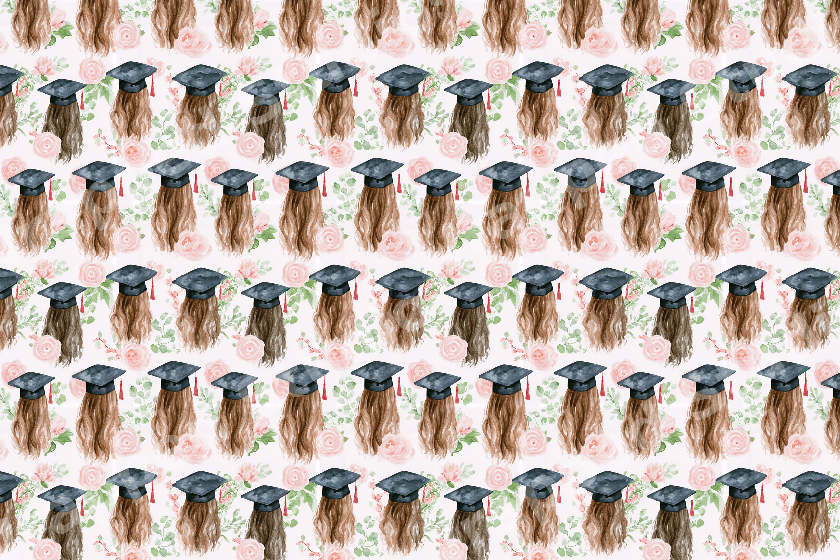 Watercolor graduation pattern featuring black caps, long brown hair, and pink watercolor roses.