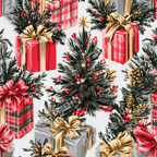 Painted Christmas pattern with holiday trees, red plaid presents, evergreen branches, and golden pinecones.